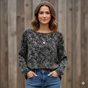 Banana Republic floral pattern boat neck, long-sleeved blouse, oval hem, XS